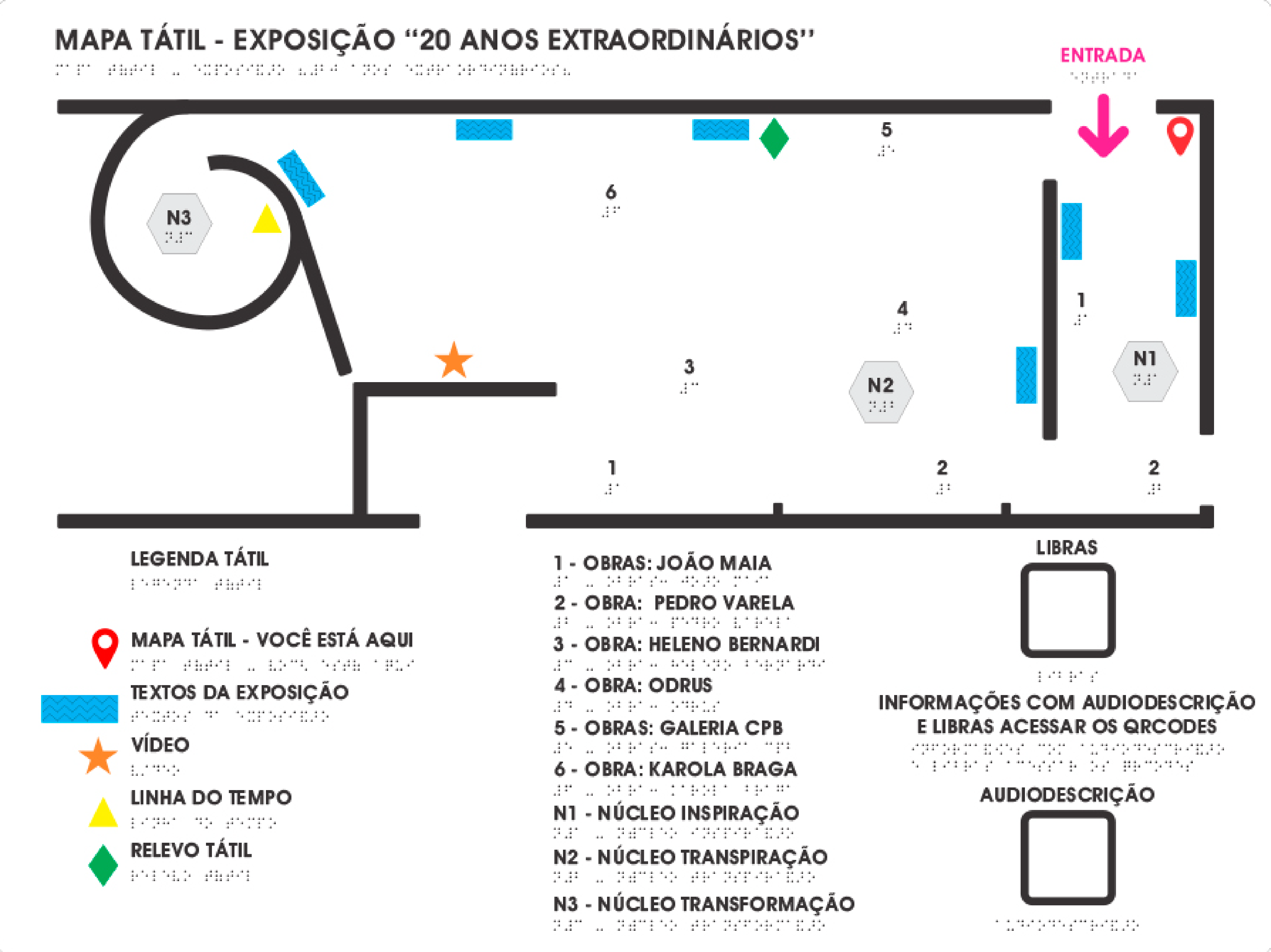 Desenho do mapa tátil da exposição em Brasília com a localização dos núcleos, obras, textos e dos recursos de acessibilidade. Na parte inferior, abaixo do traçado, a legenda tátil e, no canto inferior direito, os qrcodes para acesso ao webapp com audiodescrição e Libras.
