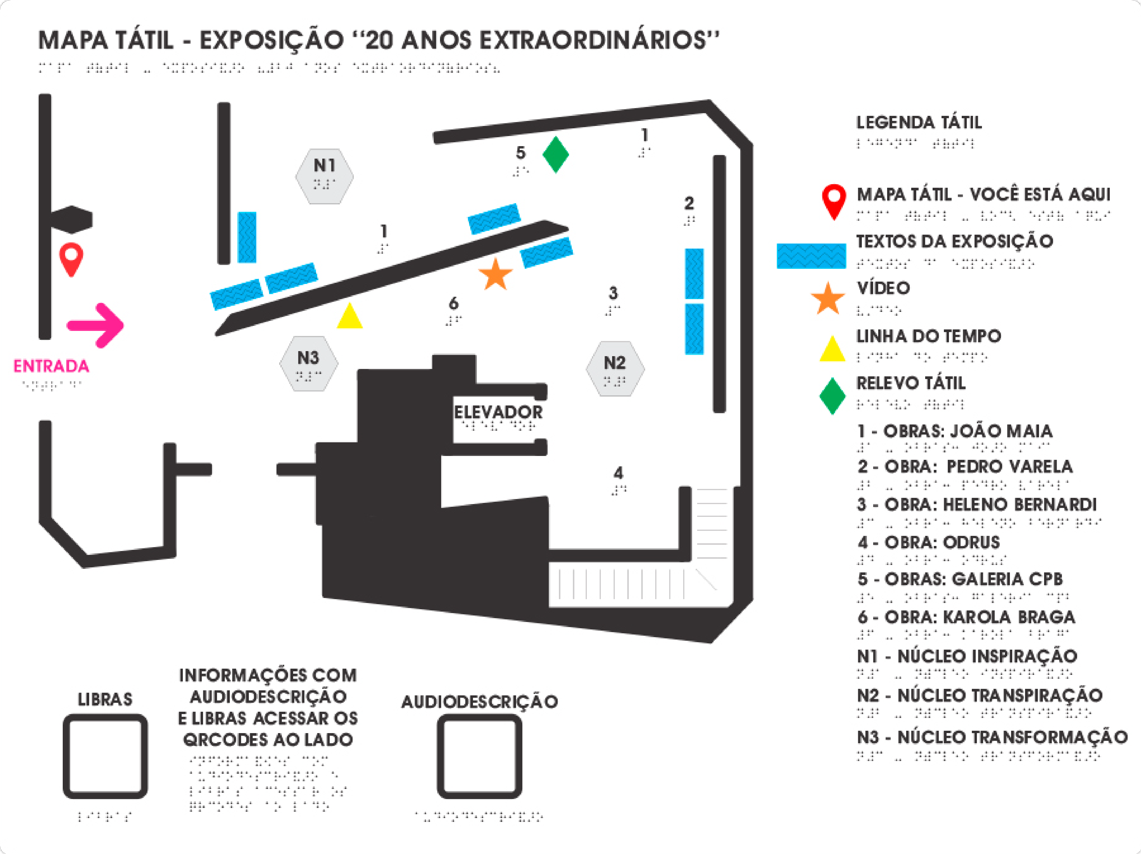 Desenho do mapa tátil da exposição em Curitiba com a localização dos núcleos, obras, textos e dos recursos de acessibilidade. Do lado direito, a legenda tátil e, no canto inferior esquerdo, os qrcodes para acesso ao webapp com audiodescrição e Libras.