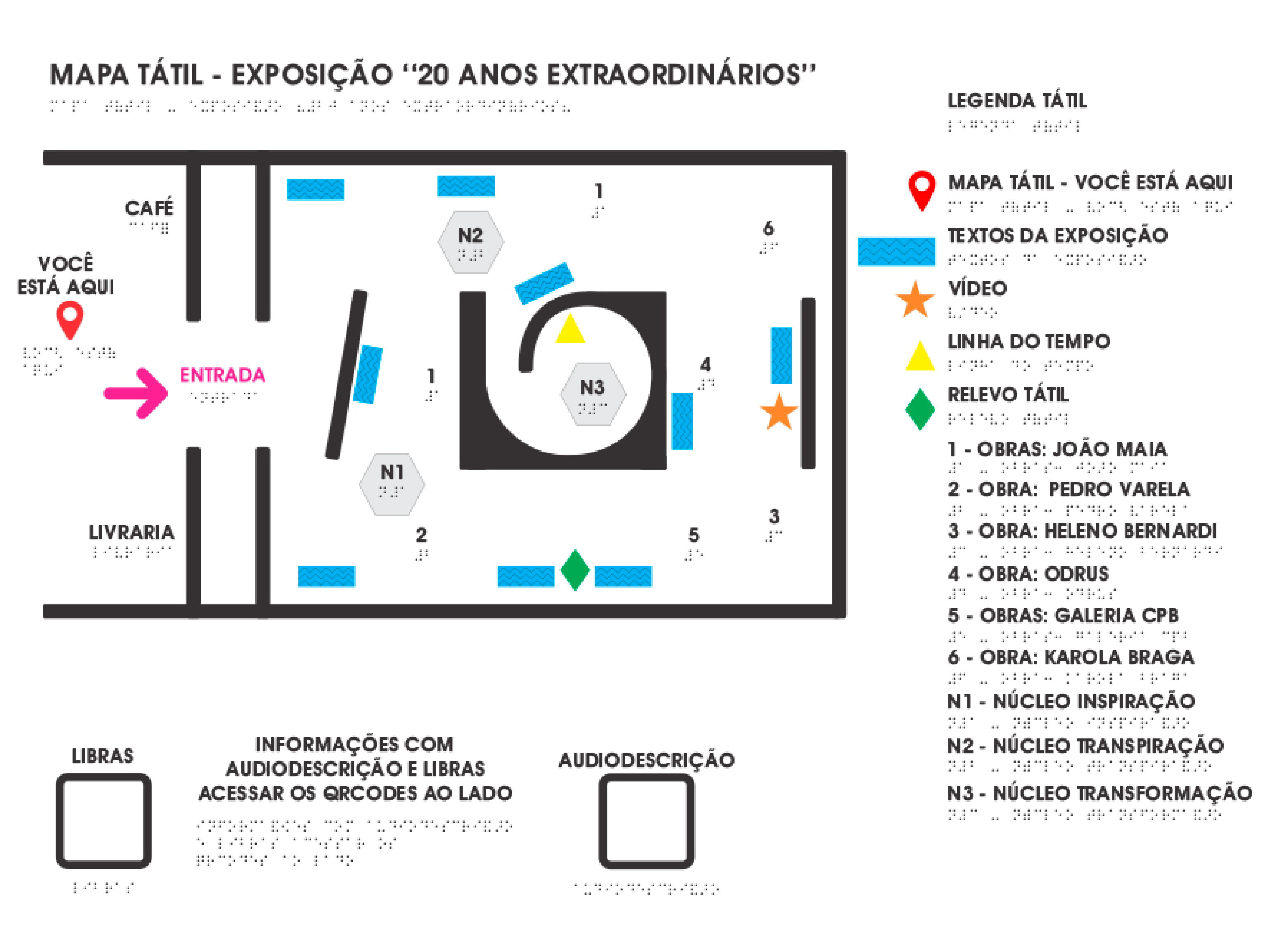 Desenho do mapa tátil da exposição em Fortaleza com a localização dos núcleos, obras, textos e dos recursos de acessibilidade. Do lado direito, a legenda tátil e, no canto inferior esquerdo, os qrcodes para acesso ao webapp com audiodescrição e Libras.