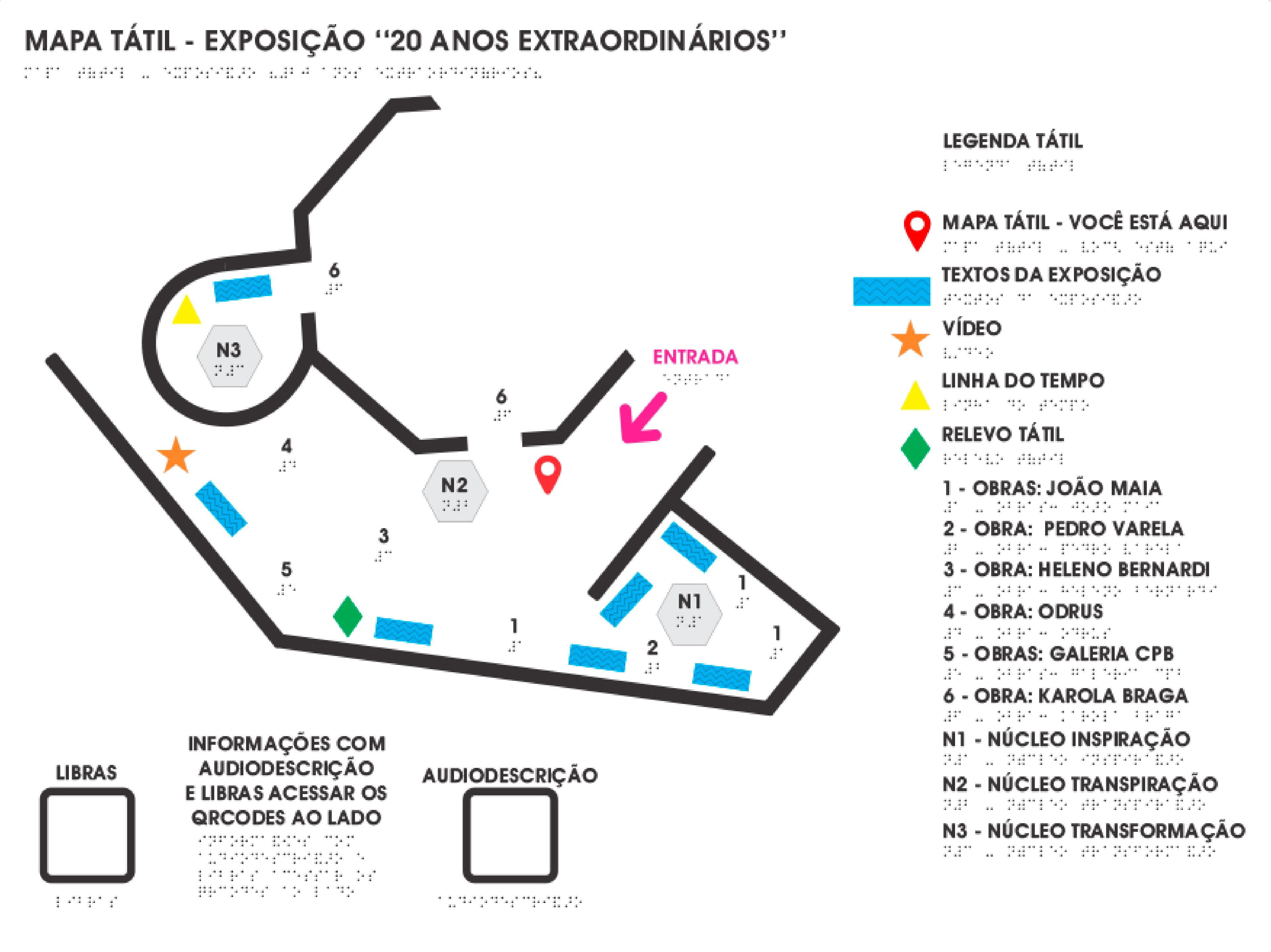 Desenho do mapa tátil da exposição no Recife com a localização dos núcleos, obras, textos e dos recursos de acessibilidade. Do lado direito, a legenda tátil e, no canto inferior esquerdo, os qrcodes para acesso ao webapp com audiodescrição e Libras.