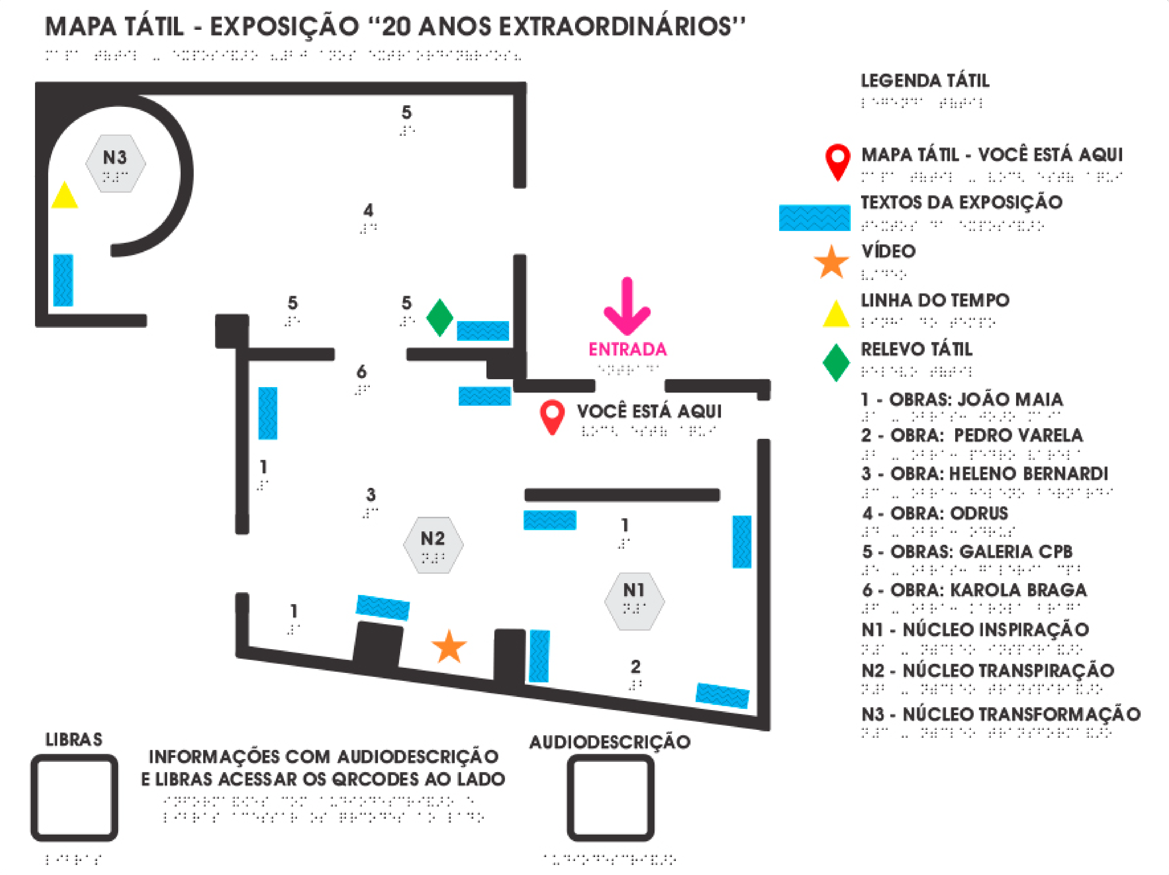 Desenho do mapa tátil da exposição no Rio de Janeiro com a localização dos núcleos, obras, textos e dos recursos de acessibilidade. Do lado direito, a legenda tátil e, no canto inferior esquerdo, os qrcodes para acesso ao webapp com audiodescrição e Libras.
