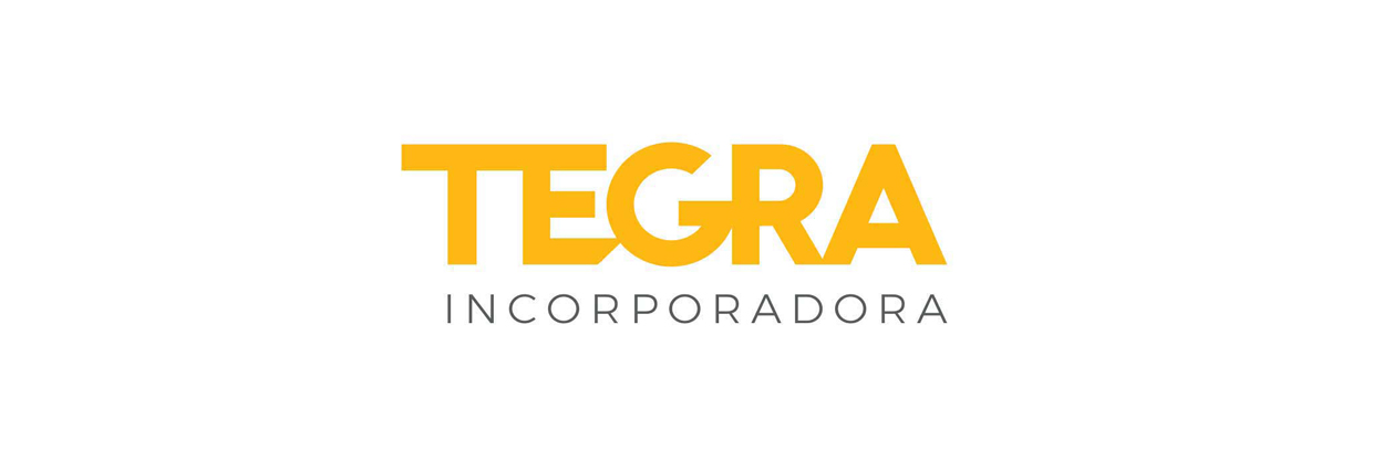 Sobre fundo branco, em letras grossas e amarelas: Tegra. Abaixo, em preto: Incorporadora.