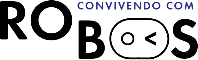 Logo da exposição “Convivendo com Robôs”. O título aparece duas vezes, uma em cima e outra logo abaixo. A frase “Convivendo com” são em caracteres azuis e a palavra “Robôs”, em branco. O fundo é cinza.