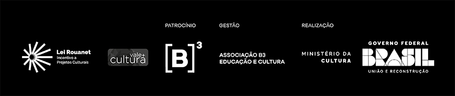 As logomarcas estão dispostas sobre um fundo preto no formato retangular. Em letras brancas, a Lei de Incentivo à Cultura é a primeira, da esquerda para à direita. A seguir, mostra que o patrocínio é da B3, a produção da Sintonize, parceria da Incentiv.me e realização da Secretaria Especial da Cultura e Ministério do Turismo.
