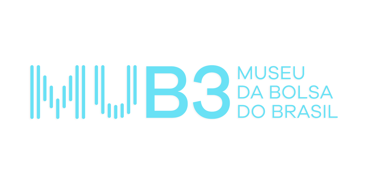 Logo do Museu da Bolsa do Brasil em branco sobre fundo azul. Ele é composto pelas letras “M, u , b e o número 3”. As letras M e U são formadas por traços verticais. lembrando um gráfico de barras. À direita do logo, o texto “Museu da Bolsa do Brasil”.