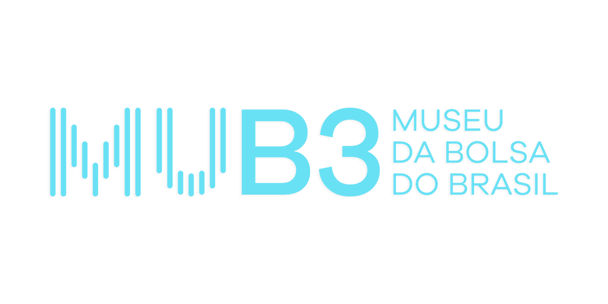 Logo do Museu da Bolsa do Brasil em branco sobre fundo azul. Ele é composto pelas letras “M, u , b e o número 3”. As letras M e U são formadas por traços verticais. lembrando um gráfico de barras. À direita do logo, o texto “Museu da Bolsa do Brasil”.