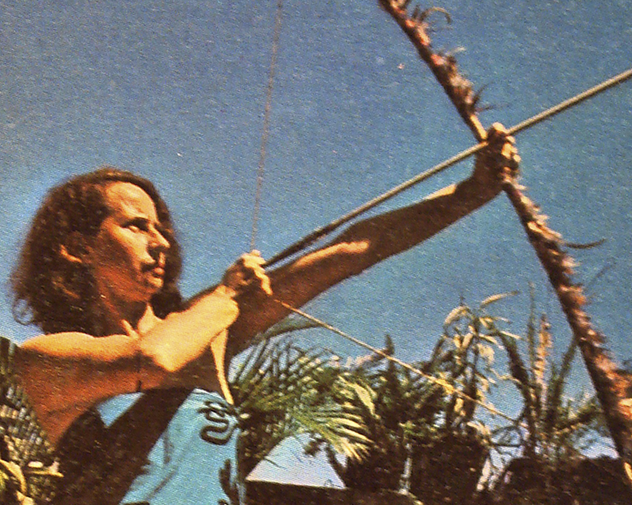 Imagem de apresentação: Uma fotografia colorida de Anna Bella Geiger segurando um arco e flecha em um dia ensolarado. Ela aponta a arma para cima enquanto puxa a flecha, tensionando a corda. Ao fundo algumas plantas e o céu azul.